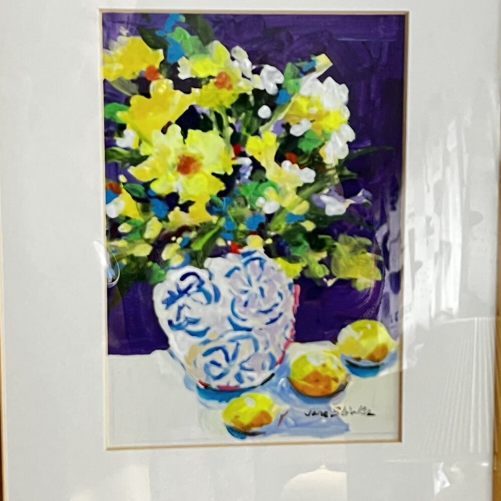 Jane Slivka Painting Acrylic Original Still Life Flowers Lemons Vase Signed Art